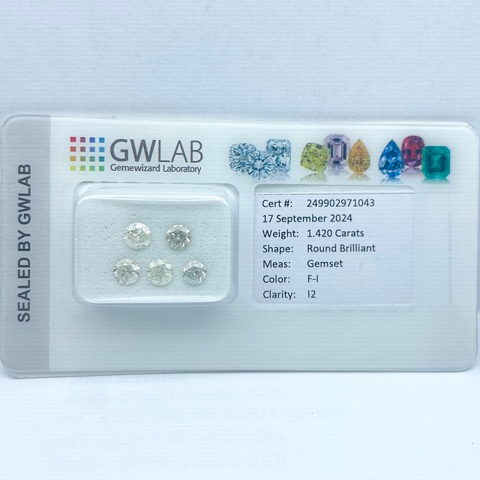 Ingen mindstepris - 5 pcs Diamant  (Natur)  - 1.42 ct - Rund - F, G, H, I - I2 - Gemewizard Gemological Laboratory (GWLab)