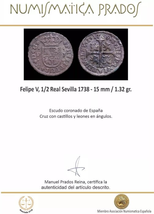 Spanien. Felipe V (1700-1746). Medio Real Madrid 1738 JF  (Ingen mindstepris)