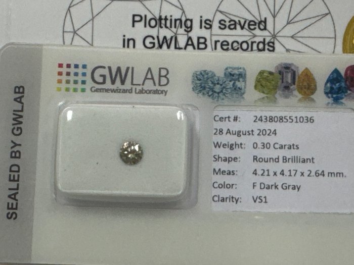 Ingen mindstepris - 1 pcs Diamant  (Naturfarvet)  - 0.30 ct - Rund - Fancy dark Grå - VS1 - Gemewizard Gemological Laboratory (GWLab)