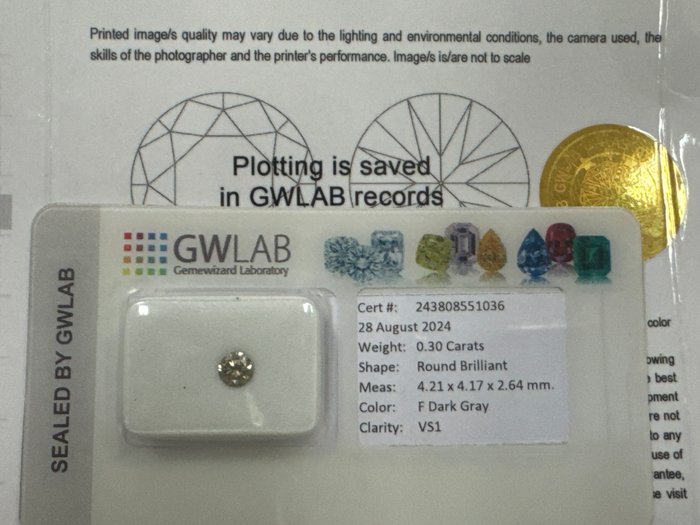 Ingen mindstepris - 1 pcs Diamant  (Naturfarvet)  - 0.30 ct - Rund - Fancy dark Grå - VS1 - Gemewizard Gemological Laboratory (GWLab)