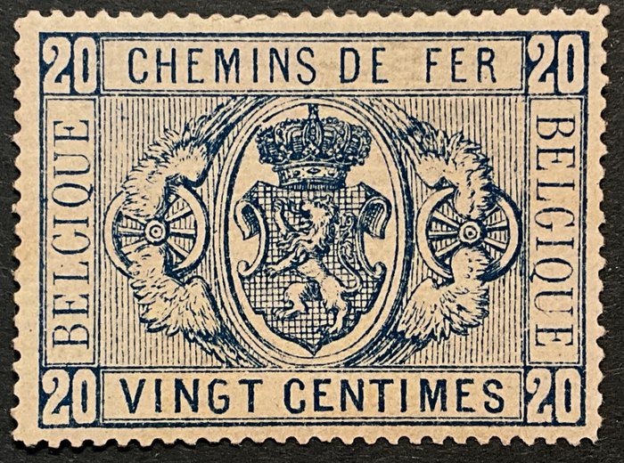 Belgien 1879/1882 - Jernbanestempel National Coat of Arms - 1 udgave - 20 centimes Blå - PERFEKT center - POSTFRIS - OBP TR2 - certificaat Corneille Soeteman