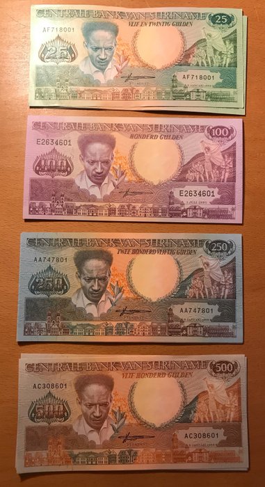 Surinam. - 10 x 25, 100, 250, 500 Gulden 1986-88 (40 banknotes) - Pick 1132b, 133a, 134, 135b  (Ingen mindstepris)