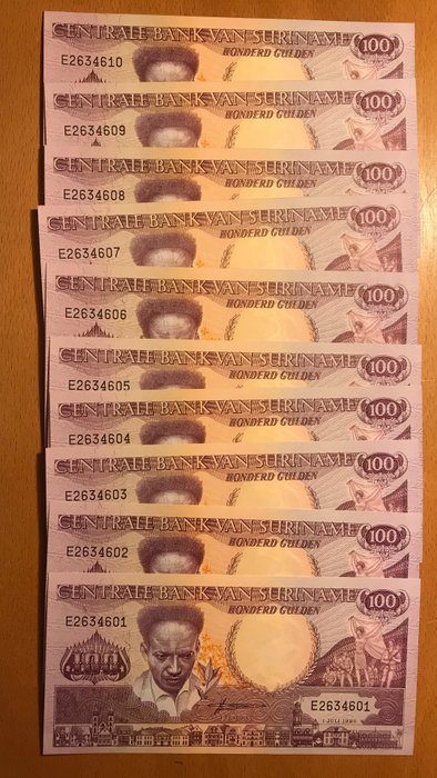 Surinam. - 10 x 25, 100, 250, 500 Gulden 1986-88 (40 banknotes) - Pick 1132b, 133a, 134, 135b  (Ingen mindstepris)