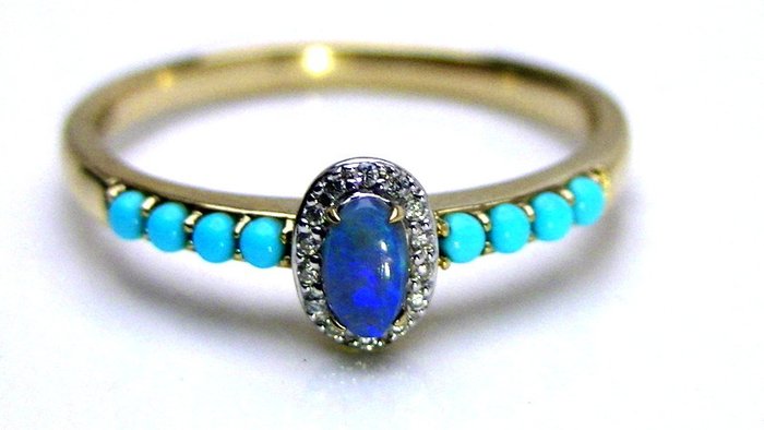 Ring - 14 karat Gulguld Opal - Diamant