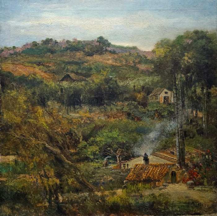 Aurelio Tolosa y Alsina (1861-1938) - Paisaje rural con caserío y humo