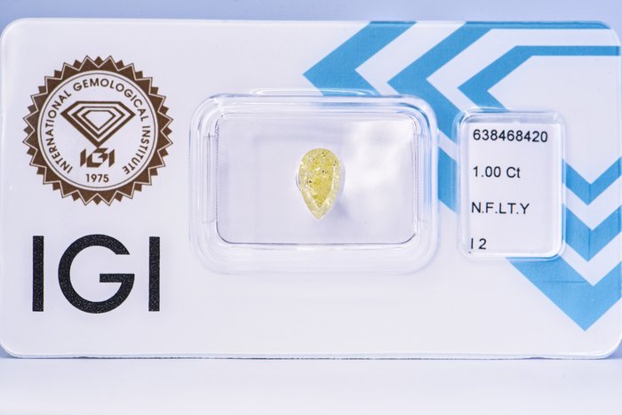 Ingen mindstepris - 1 pcs Diamant  (Naturfarvet)  - 1.00 ct - Pære - Fancy light Gul - I2 - International Gemological Institute (IGI)