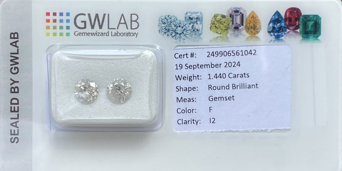 Ingen mindstepris - 2 pcs Diamant  (Natur)  - 1.44 ct - Rund - F - I2 - Gemewizard Gemological Laboratory (GWLab)