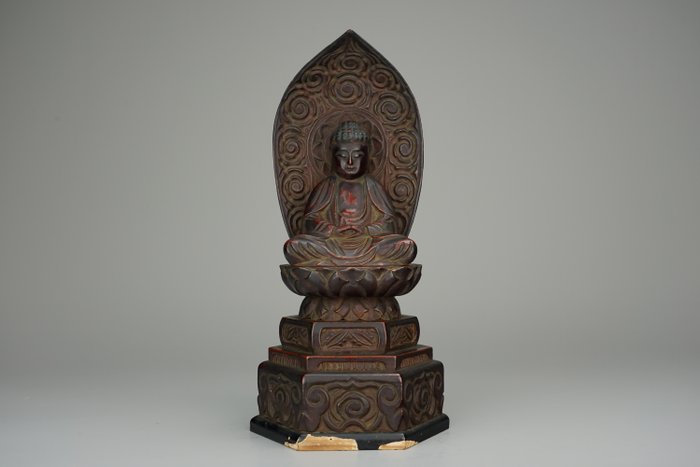 Amida Nyorai (Amitābha) Buddha 阿弥陀如来 - Forgyldt, Lak, Træ - Dated: 1939 - Japan - Shōwa-periode (1926-1989)