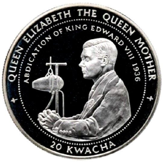 Republikken Malawi. 20 Kwacha 1998 "Abdication of King Edward VIII 1936", 1 Oz Proof  (Ingen mindstepris)