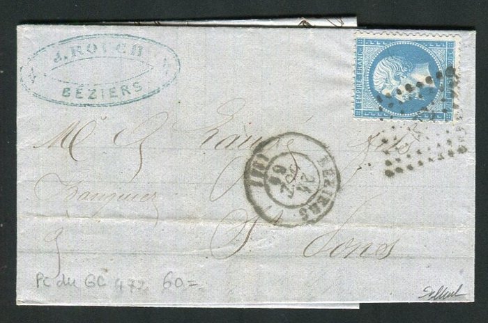 Frankrig 1864 - Sjældent brev fra Béziers til Saint Pons med nr. 22 - PC-stempel af GC 472