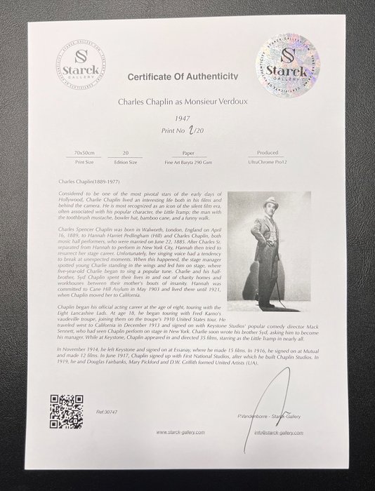 Charles Chaplin as Monsieur Verdoux 1947 - Fine Art Photography - Luxury Wooden Framed 70X50 cm - Limited Edition 01 of 20 - Serial ID 30747 - Original Certificate (COA) Hologram Logo Editor and QR Code - 100% New items