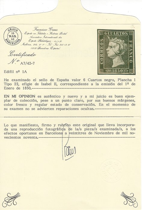 Spanien 1850 - 6 Isabel II Værelser med certifikat - Edifil nº 1A