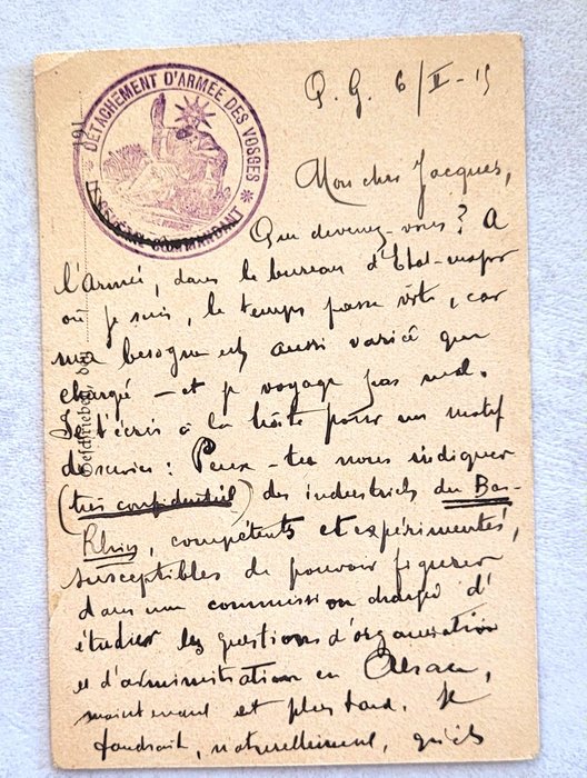 [Première Guerre Mondiale] Armée des Vosges - Chef d'escadron Albert Michel - Lettre de soldat avec cachet à Jacques Hoechstetter - Luneville - 1915