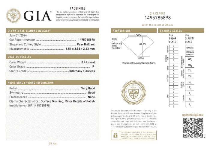 Ingen mindstepris - 1 pcs Diamant  (Natur)  - 0.41 ct - Pære - F - IF - Gemological Institute of America (GIA) - *VG*