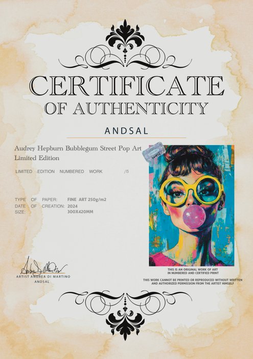 Andrea Di Martino ANDSAL 1991 - Audrey Hepburn Bubblegum Street Pop Art Limited Edition