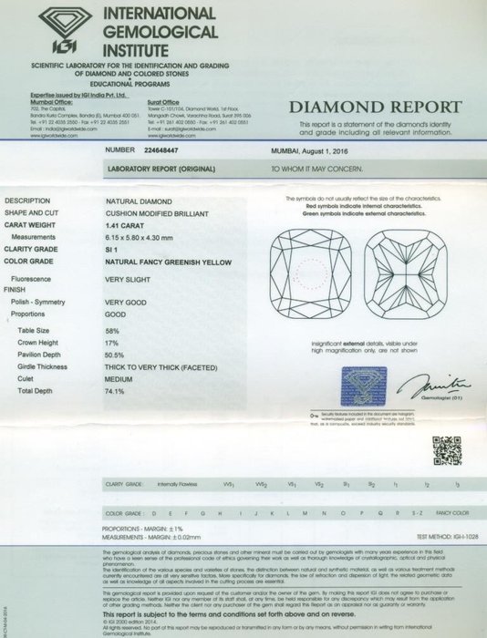 1 pcs Diamant  (Natur)  - 1.41 ct - Pude - SI1 - International Gemological Institute (IGI) - fancy grønlig gul