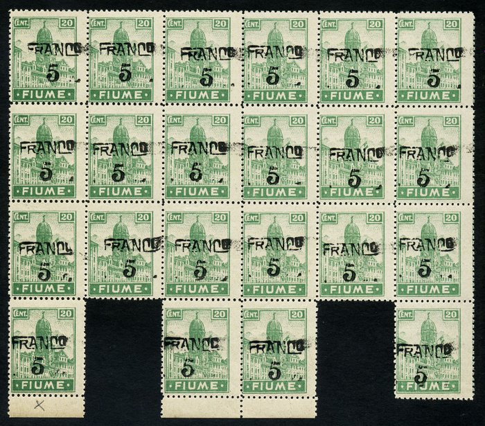 Fiume 1920 - 5 cents med FRANCO overprint af en anden type Blok med 22 eksemplarer - Sassone C75a