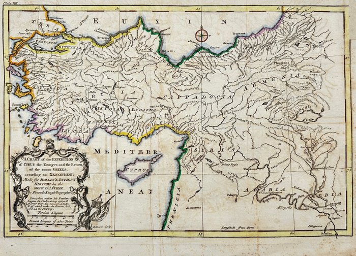 Tyrkiet - Lilleasien; Evert Boven after Jean Baptiste d'Anville - A Chart of the Expedition of Cyrus the Younger, and the Return of 10000 Greeks according to Xenophon - 1721-1750