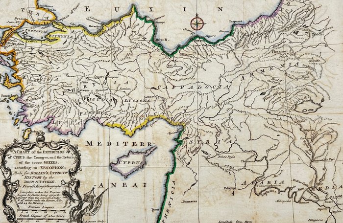 Tyrkiet - Lilleasien; Evert Boven after Jean Baptiste d'Anville - A Chart of the Expedition of Cyrus the Younger, and the Return of 10000 Greeks according to Xenophon - 1721-1750