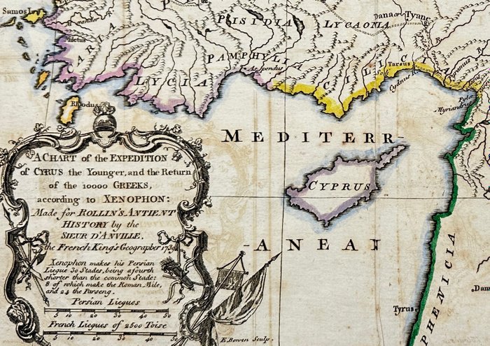 Tyrkiet - Lilleasien; Evert Boven after Jean Baptiste d'Anville - A Chart of the Expedition of Cyrus the Younger, and the Return of 10000 Greeks according to Xenophon - 1721-1750