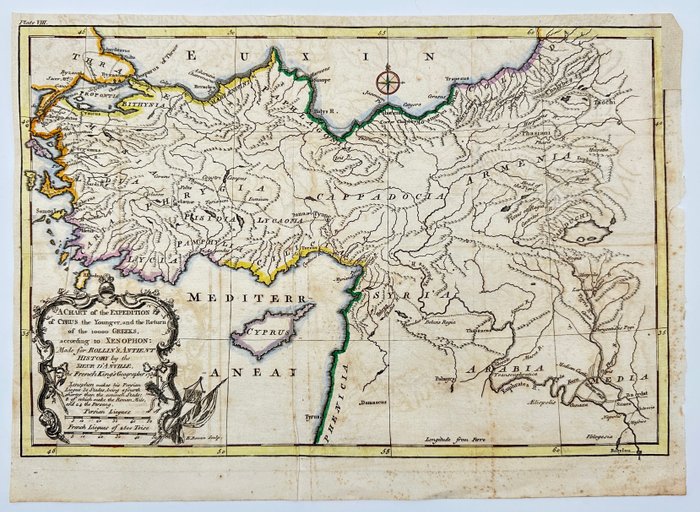 Tyrkiet - Lilleasien; Evert Boven after Jean Baptiste d'Anville - A Chart of the Expedition of Cyrus the Younger, and the Return of 10000 Greeks according to Xenophon - 1721-1750