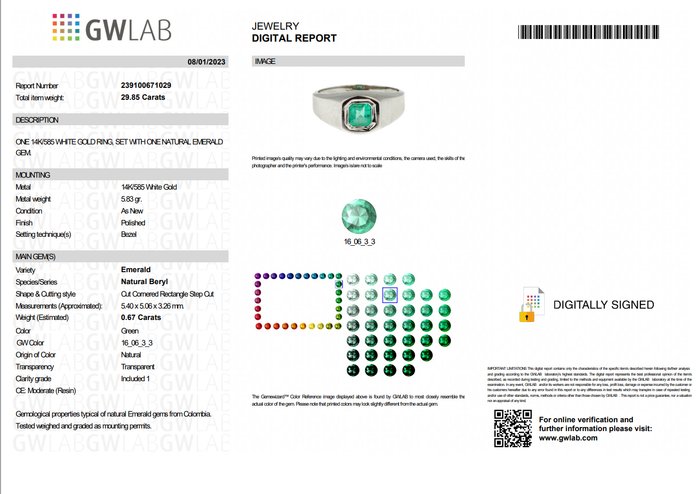 Ring - 14 karat Hvidguld -  0.67ct. tw. Smaragd - Mandens smaragdring