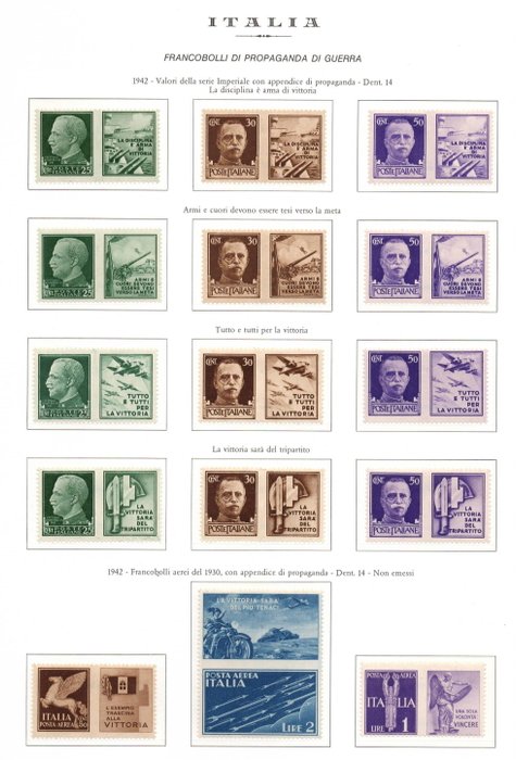 Italien Kongerige 1942/1943 - Krigspropaganda udstedt + ikke-udstedt + Militærpost i fremragende stand alle MNH - Sassone NN. 1/12 + 12A/12C + 1/20