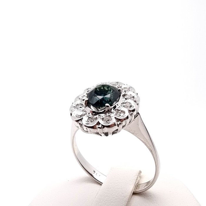 Ring - 18 kraat Hvidguld Safir - Diamant