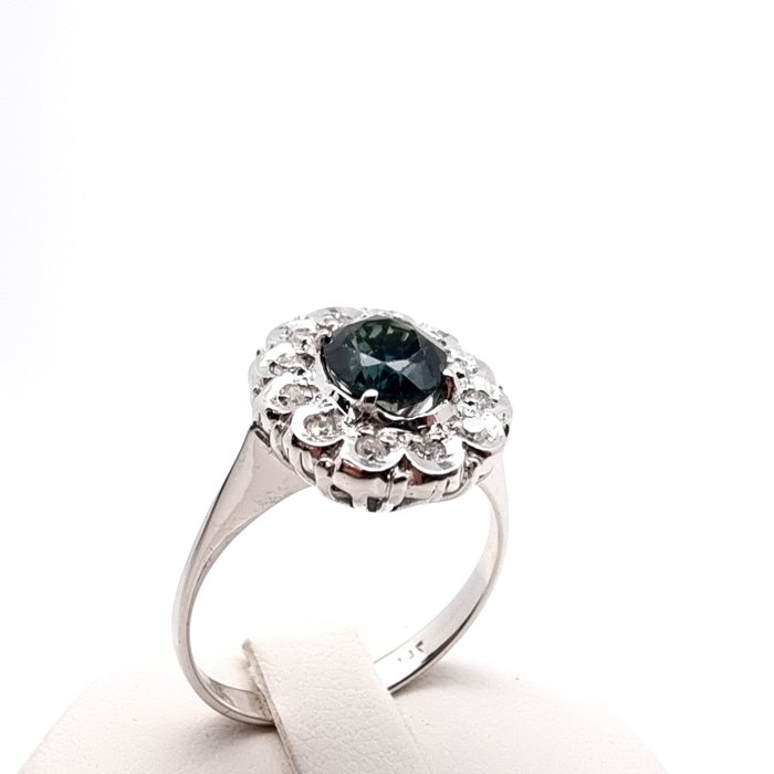 Ring - 18 kraat Hvidguld Safir - Diamant