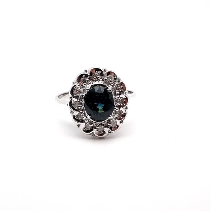 Ring - 18 kraat Hvidguld Safir - Diamant