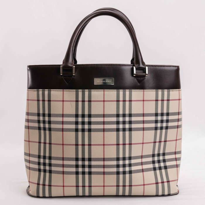 Burberry - Brown Leather Nova Check Canvas Tote - Håndtaske