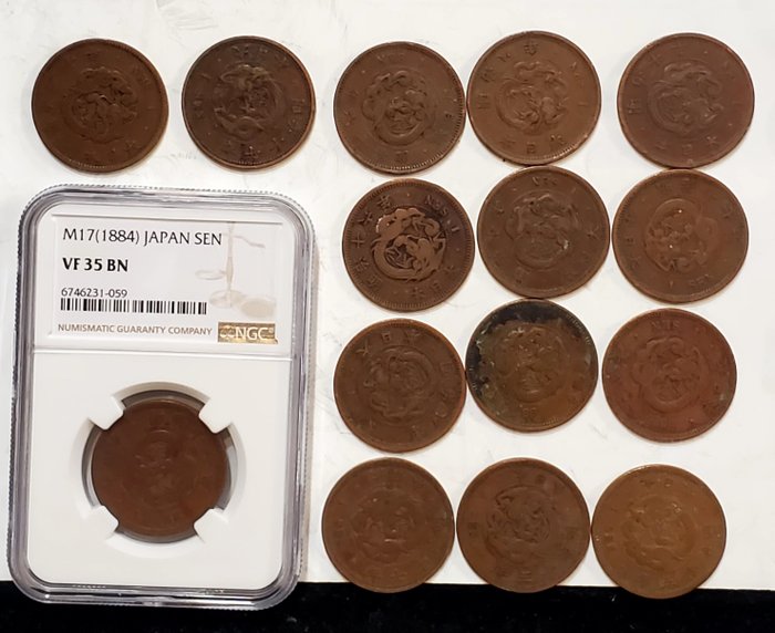 Japan. Meiji. 1 Sen year 17 (1884) 15 coins  (Ingen mindstepris)