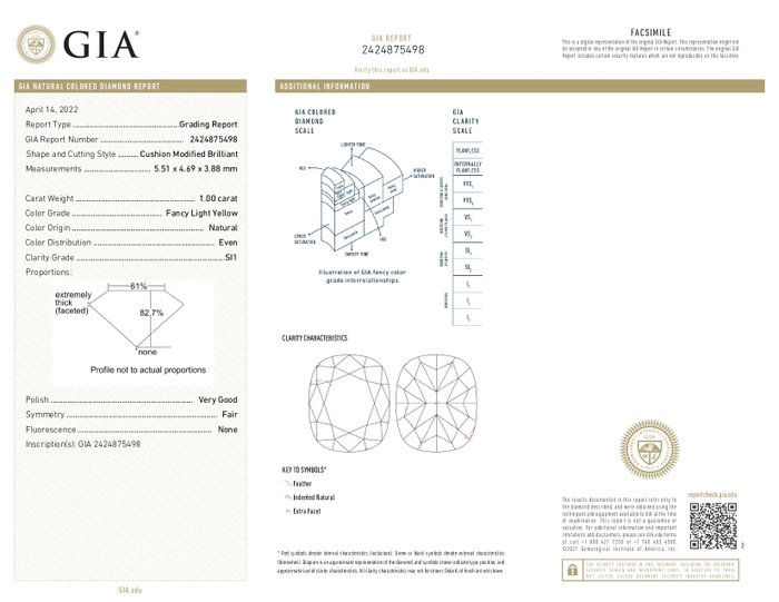 1 pcs Diamant  (Naturfarvet)  - 1.00 ct - Pude - SI1 - Gemological Institute of America (GIA)