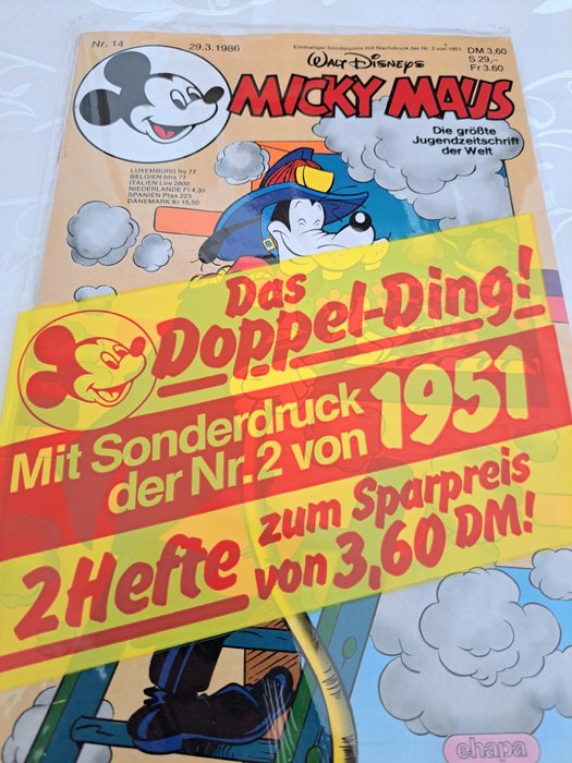 Micky Maus Nr.2, Nr.14 - Das Doppel-Ding , Mit Sonderdruck der Nr.2 von 1951 - 2 Comic - Første udgave - 1951/1986