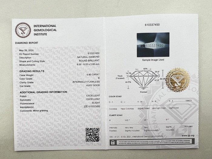 1 pcs Diamant  (Natur)  - 090 ct - Rund - E - IF - International Gemological Institute (IGI)