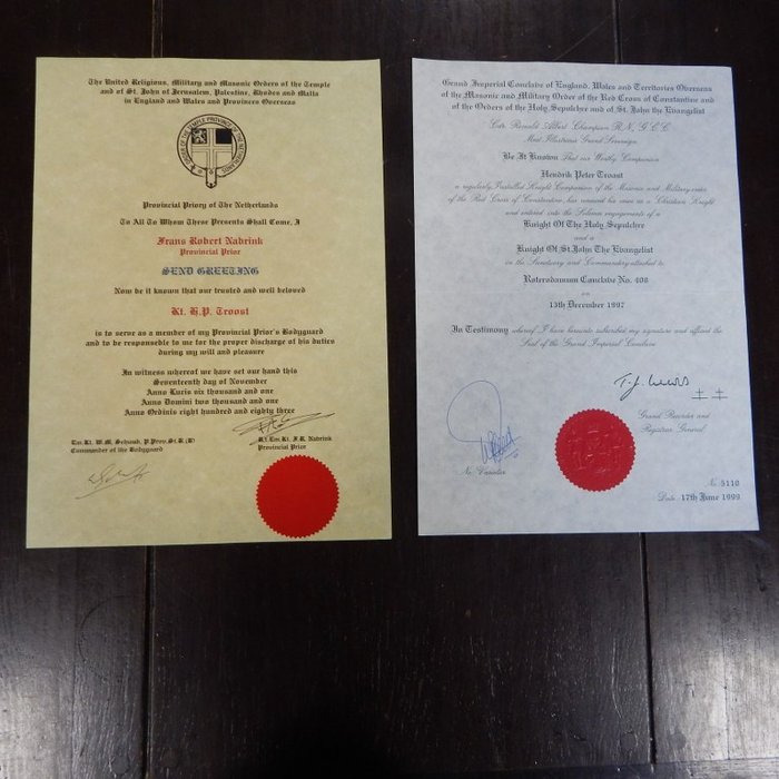 Holland - Dokument - masonic vrijmetselarij collectie diplomas certificaten - 1951