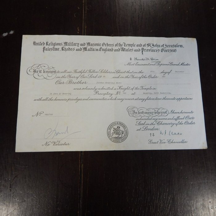 Holland - Dokument - masonic vrijmetselarij collectie diplomas certificaten - 1951