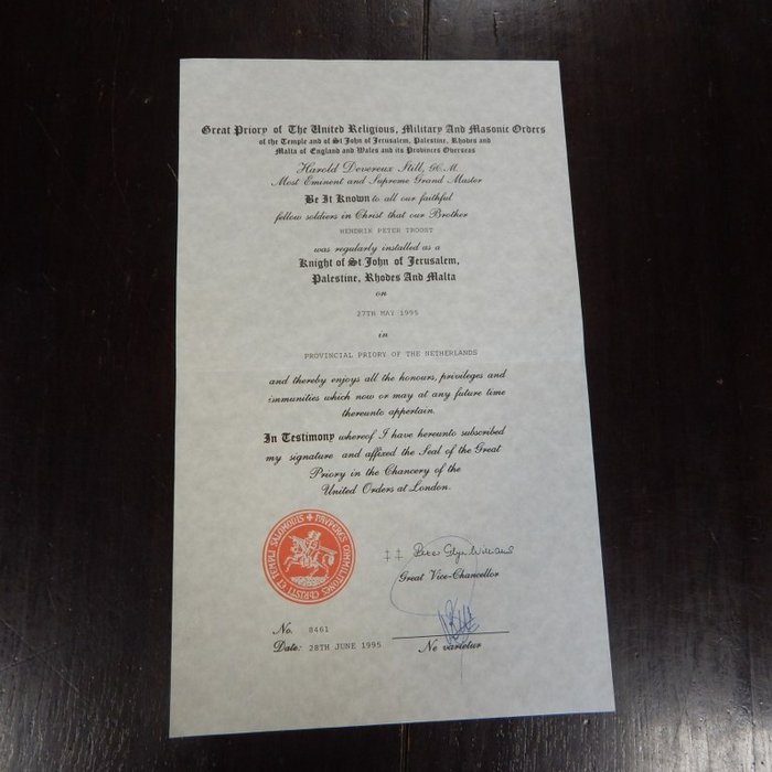 Holland - Dokument - masonic vrijmetselarij collectie diplomas certificaten - 1951