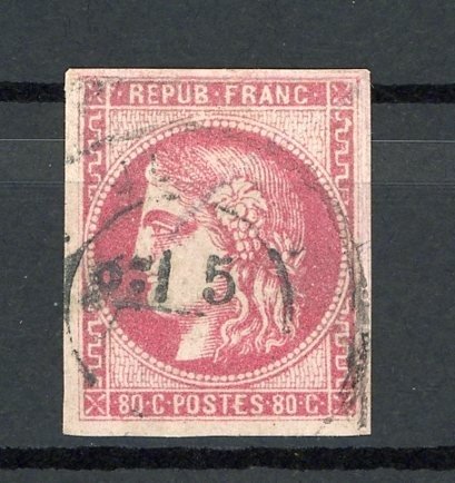 Frankrig 1870 - Sjældent datostempel type 17 på Bordeaux 80cts pink - Yvert n°49