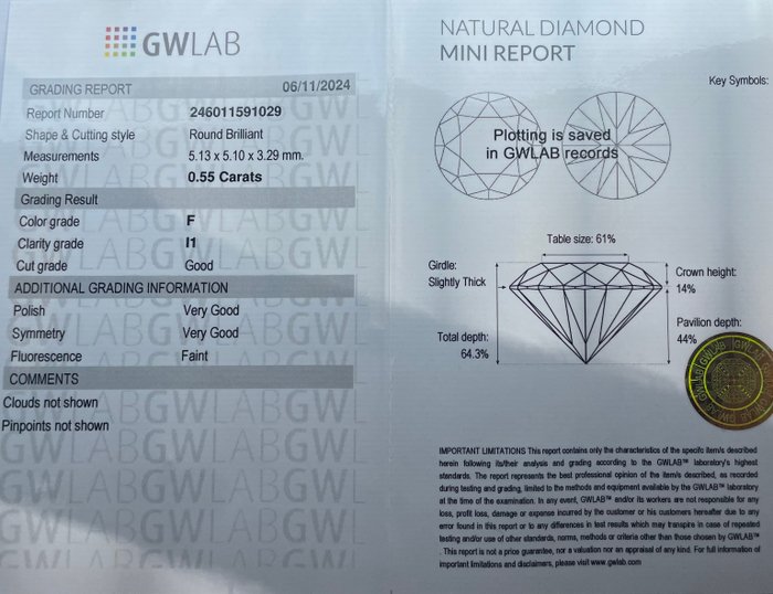 Ingen mindstepris - 1 pcs Diamant  (Natur)  - 0.55 ct - Rund - F - I1 - Gemewizard Gemological Laboratory (GWLab)