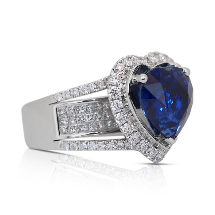 Ring - 18 kraat Hvidguld -  12.19ct. tw. Safir - Diamant - Sjælden safirring