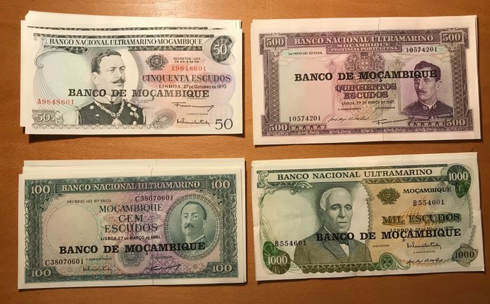 Mozambique. - 10 x 50, 100, 500, 1000 Metical ND 1976 (40 banknotes) - Pick 116, 117, 118, 119  (Ingen mindstepris)