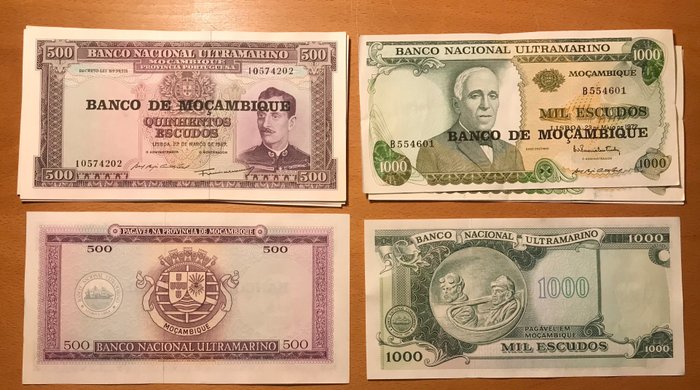 Mozambique. - 10 x 50, 100, 500, 1000 Metical ND 1976 (40 banknotes) - Pick 116, 117, 118, 119  (Ingen mindstepris)