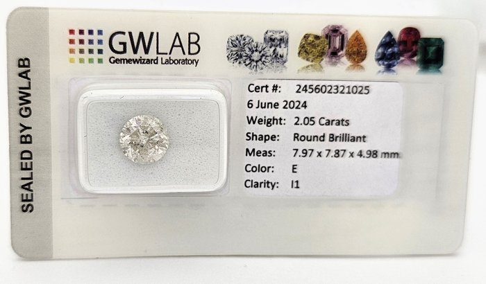 1 pcs Diamant  (Natur)  - 205 ct - Rund - E - I1 - Gemewizard Gemological Laboratory (GWLab)