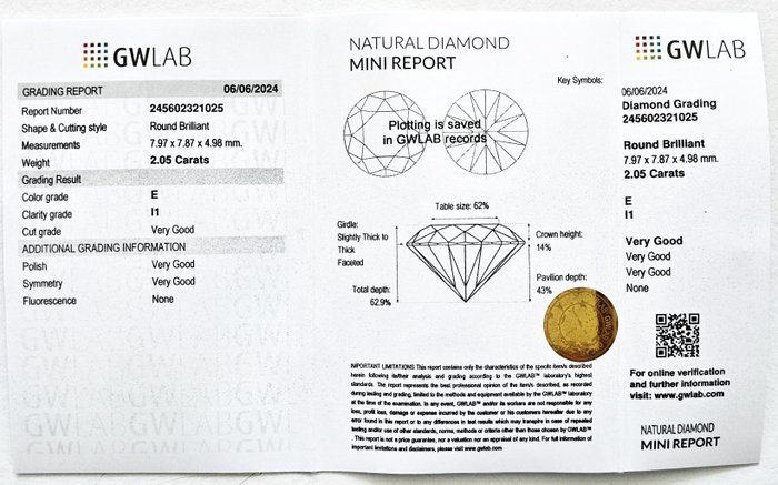 1 pcs Diamant  (Natur)  - 2.05 ct - Rund - E - I1 - Gemewizard Gemological Laboratory (GWLab)