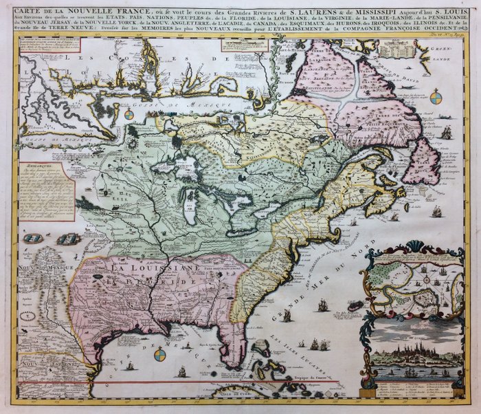 Amerika, North America / Florida / New England / Virginia / Carolina / Quebec / Mississipi; Henri Abraham Chatelain - Carte de la Nouvelle France, où se voit le cours des Grandes Rivieres - 1701-1720