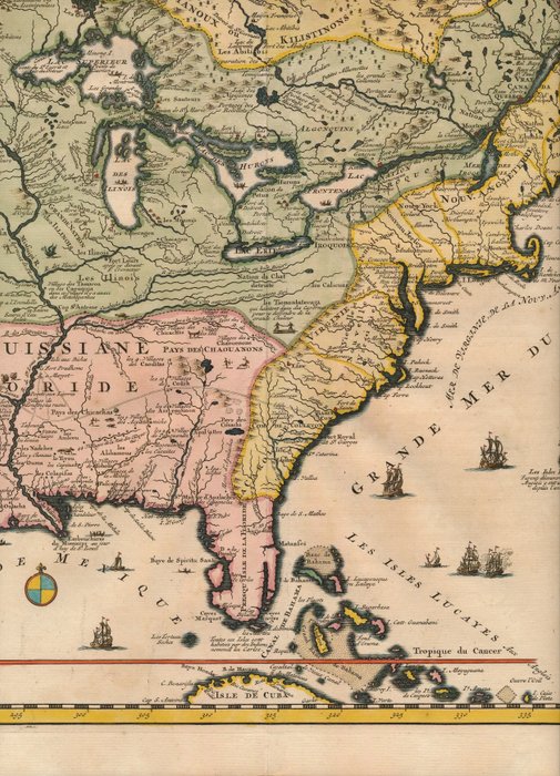 Amerika, North America / Florida / New England / Virginia / Carolina / Quebec / Mississipi; Henri Abraham Chatelain - Carte de la Nouvelle France, où se voit le cours des Grandes Rivieres - 1701-1720