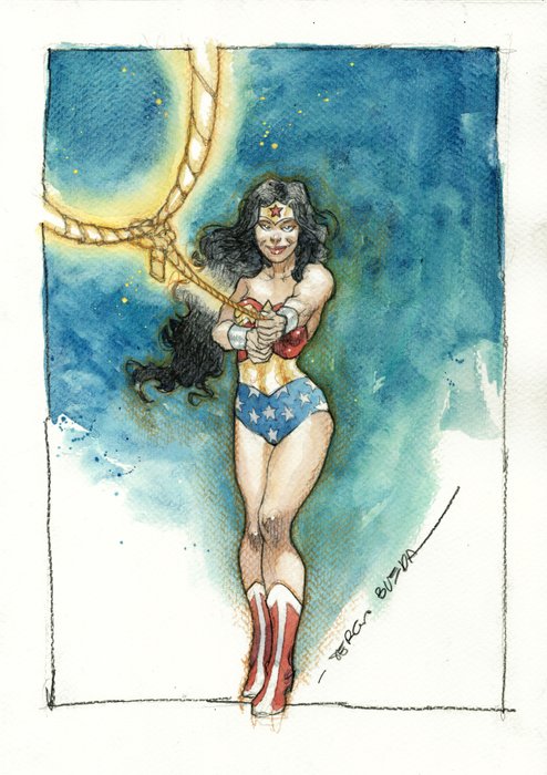 Bleda, Sergio Watercolour - Wonder Woman with Lasso - Original Painting by Sergio Bleda - Signed