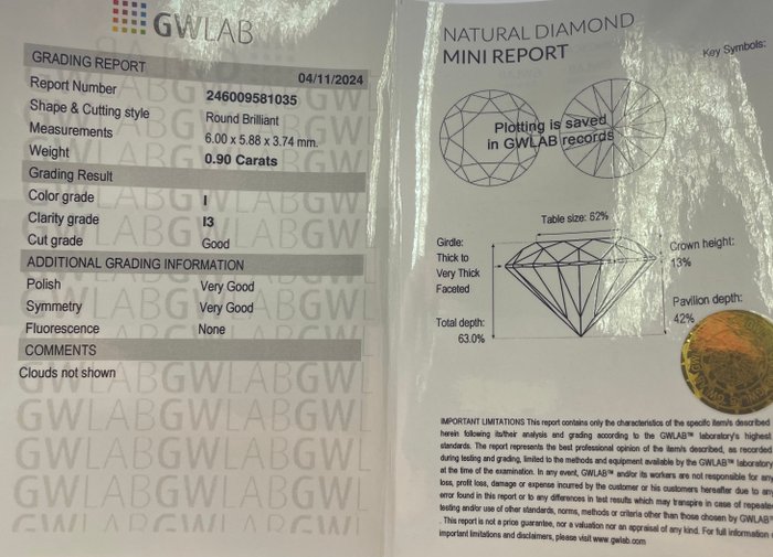 Ingen mindstepris - 1 pcs Diamant  (Natur)  - 0.90 ct - Rund - I - I3 - Gemewizard Gemological Laboratory (GWLab)