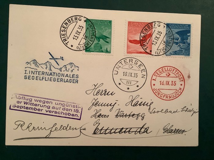 Liechtenstein 1935 - Fugle på et rigtigt første fly-luftpostbrev - Michel 145/147